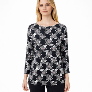 Melly M Black Top White Pink Floral Geo Print 3/4 Sleeves Catalina Cloth Size M